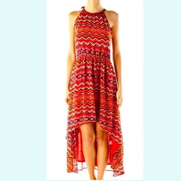 Bar III Orange Geometric Print Hi-Low Dress Tie Neck Keyhole Sleeveless Small S - Picture 5 of 5